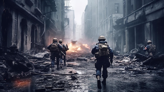 Generatywni żołnierze AI idący ulicą zrujnowanego miasta