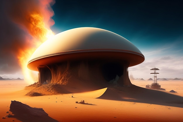 Bezpłatne zdjęcie gigantyczna kopuła znajduje się na pustyni z płonącym ogniem w tle.