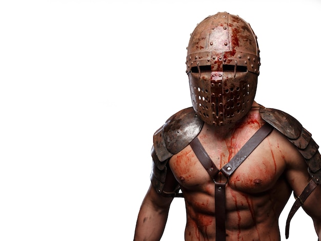 Bezpłatne zdjęcie gladiator w hełmie z umięśnionym ciałem pokrytym krwią. na białym tle.