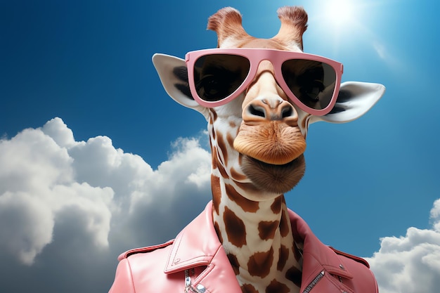 Głowa żyrafy z różowymi okularami przeciwsłonecznymi w chmurze Obraz wygenerowany przez sztuczną inteligencję