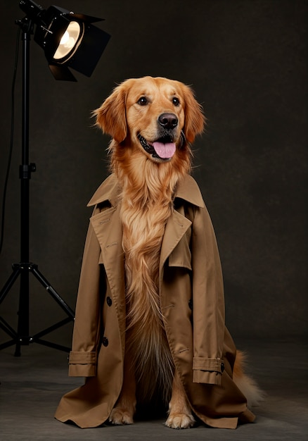 Golden retriever in a trench coat posing in a studio