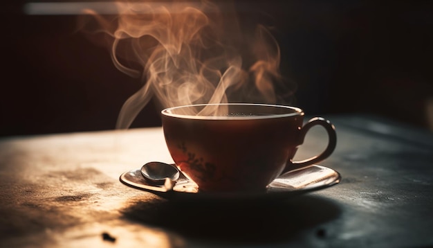 Gorąca kawa paruje na rustykalnym drewnianym stole generowanym przez AI