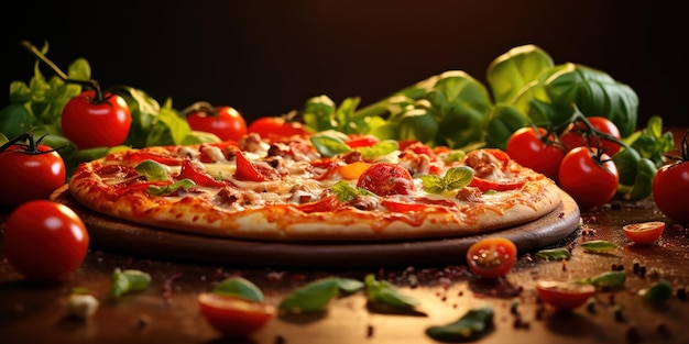Bezpłatne zdjęcie gorąca pizza ozdobiona żywymi pomidorami i zielenią ma roztopiony ser rozciągnięty