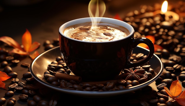 Bezpłatne zdjęcie gorące cappuccino na drewnianym stole orzeźwiające i aromatyczne generowane przez sztuczną inteligencję