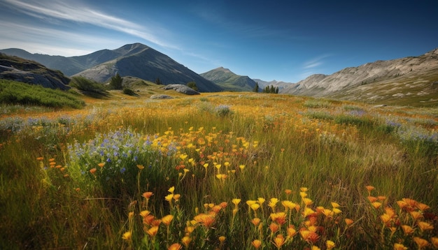 Bezpłatne zdjęcie górska łąka kwitnie latem dzikimi kwiatami generowanymi przez sztuczną inteligencję