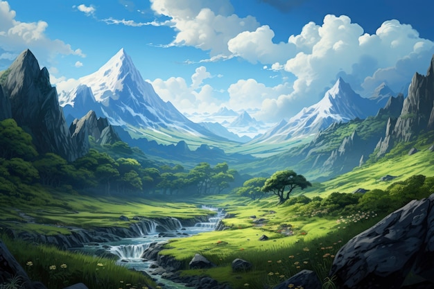 Górski krajobraz z sceną w stylu fantasy