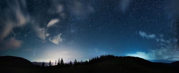 Górski las pod pięknym nocnym niebem z gwiazdami