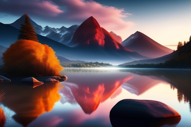 Górskie jezioro z zachodem słońca i górą w tle