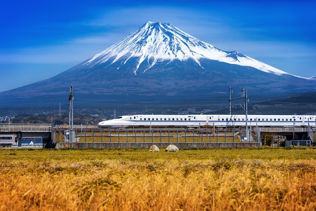 Bezpłatne zdjęcie góry fuji i pociąg w shizuoka w japonii.