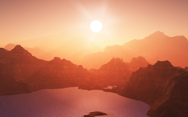 Bezpłatne zdjęcie góry z jeziorem o zachodzie słońca