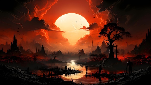grafika koncepcyjna nocnego krajobrazu zachodu słońca