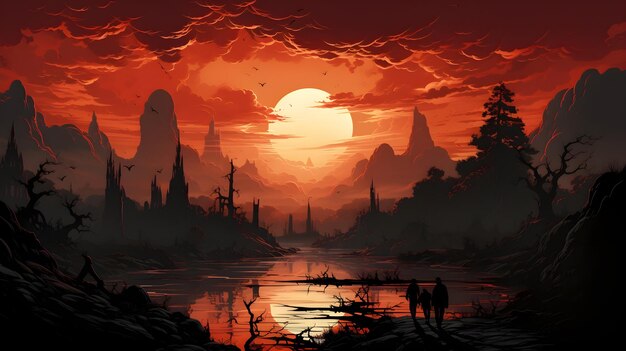 grafika koncepcyjna tapeta z nocnym krajobrazem zachodu słońca