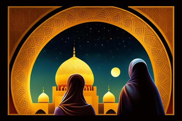Grafika przedstawiająca dwie kobiety patrzące na meczet na tle księżyca.