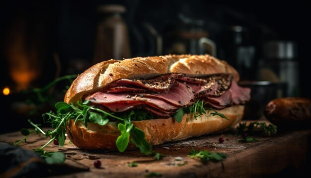 Grillowana kanapka z wieprzowiną ciabatta z przystawką prosciutto wygenerowana przez AI