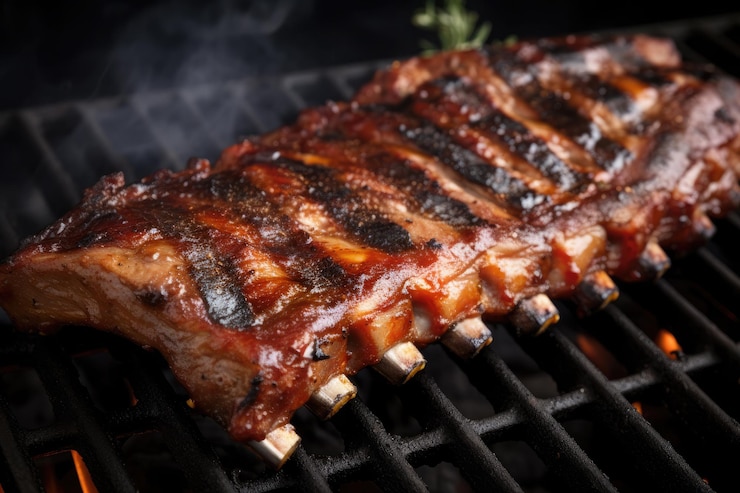Bezpłatny plik Zdjęcie grillowane na gorąco żeberka z sosem barbecue z ogniem generatywnym ai