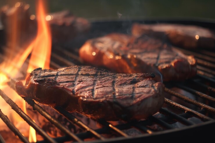 Bezpłatny plik Zdjęcie grillowane steki wołowe z przyprawami i ziołami na bbq outdoorai generative