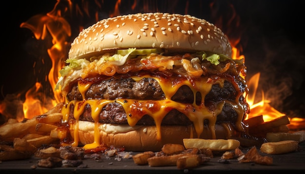 Bezpłatne zdjęcie grillowany burger dla smakoszy na rustykalnym stole gotowy do spożycia z frytkami wygenerowanymi przez sztuczną inteligencję