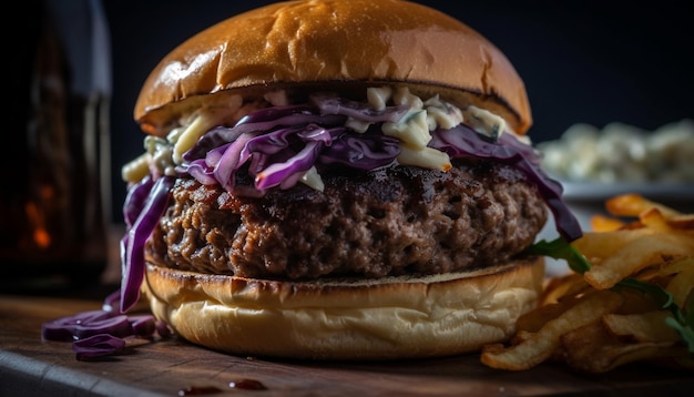 Grillowany burger wołowy na ciabatcie z frytkami wygenerowany przez AI