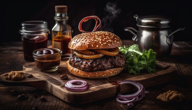 Grillowany burger wołowy z serem i cebulą wygenerowany przez AI