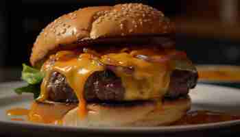 Bezpłatne zdjęcie grillowany burger z roztopionym cheddarem i frytkami wygenerowany przez ai