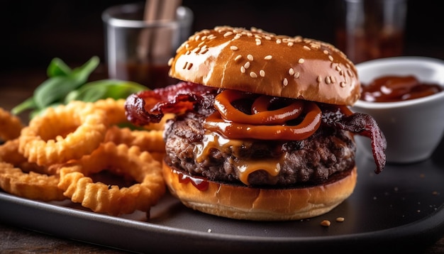 Grillowany cheeseburger i frytki to klasyczny amerykański posiłek wygenerowany przez sztuczną inteligencję