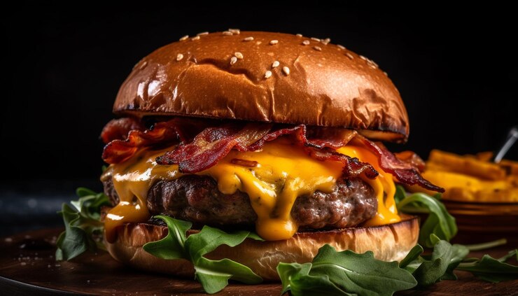 Bezpłatny plik Zdjęcie grillowany cheeseburger z pomidorową cebulą i frytkami generatywnymi ai