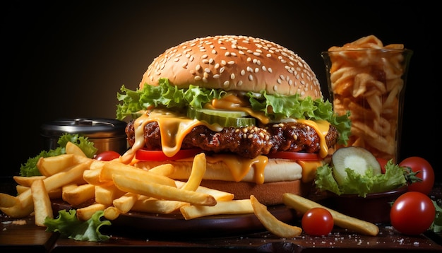 Grillowany hamburger z frytkami, klasyczny amerykański fast food generowany przez sztuczną inteligencję.