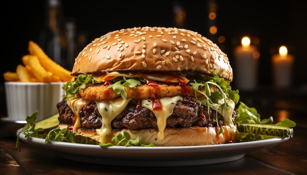 Bezpłatne zdjęcie grillowany hamburger z pomidorem serowym i świeżymi warzywami wygenerowanymi przez sztuczną inteligencję
