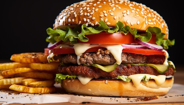 Bezpłatne zdjęcie grillowany hamburger z wołowiną, pomidorem z serem i frytkami wygenerowany przez ai