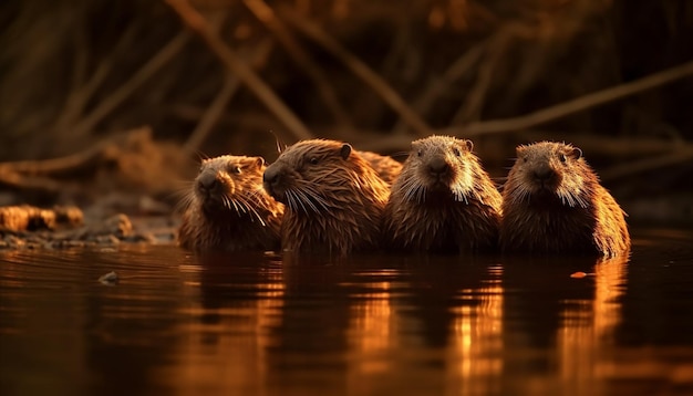 Grupa bobrów pływa w stawie o zachodzie słońca.