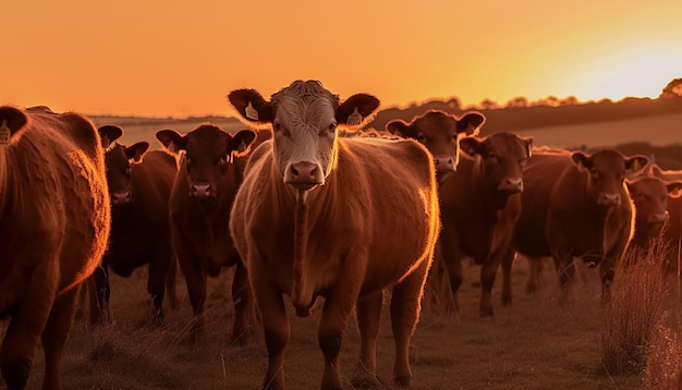 Grupa krów mlecznych pasących się na ekologicznej łące wygenerowanej przez sztuczną inteligencję
