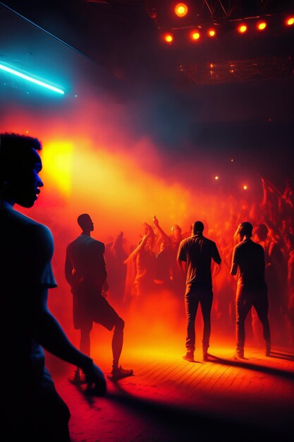 Grupa ludzi stoi przed neonem, na którym widnieje napis „klub”.