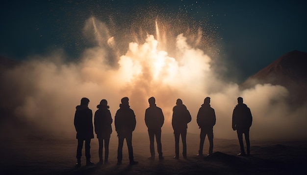 Bezpłatne zdjęcie grupa ludzi stojących na górze o zachodzie słońca wygenerowana przez sztuczną inteligencję