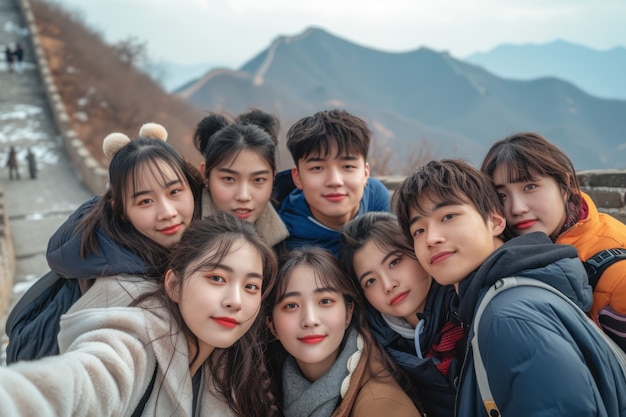 Grupa młodych przyjaciół odwiedzających Wielki Mur Chiński