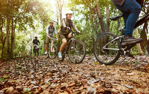 Grupa przyjaciele jedzie rower górskiego w lesie wpólnie