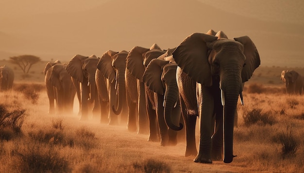 Grupa safari pasąca się o zachodzie słońca w Afryce wygenerowana przez sztuczną inteligencję