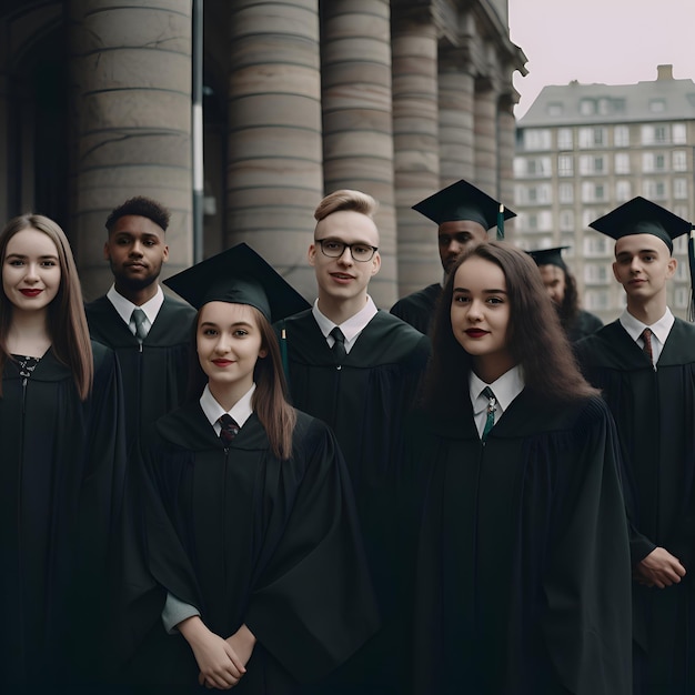 Bezpłatne zdjęcie grupa studentów w akademickich szatach stojących przed budynkiem uniwersytetu