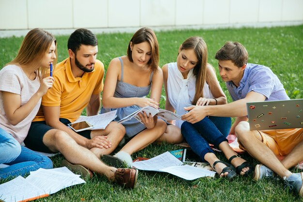 Grupa studiowania ucznie siedzi na trawie z nutowymi książkami