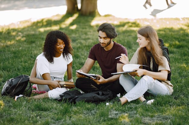 Grupa uśmiechniętych studentów międzynarodowych siedzi razem na trawie w parku na uniwersytecie. Afrykańskie i kaukaskie dziewczyny i indyjski chłopiec rozmawiający na świeżym powietrzu