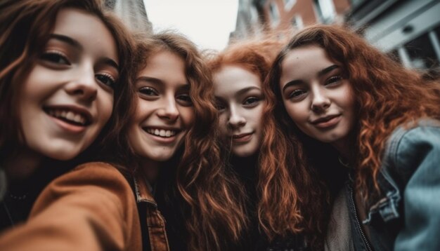 Grupa wesołych młodych kobiet uśmiechających się razem wygenerowana przez AI