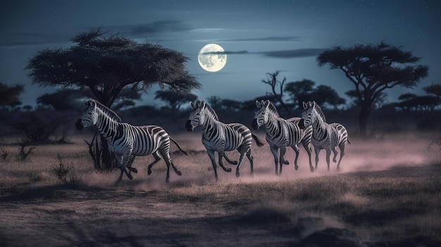 Grupa zebr biegnących przez afrykańską sawannę z obrazem generowanym przez AI w pełni księżyca