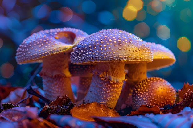 Bezpłatne zdjęcie grzyby widoczne w intensywnych, jaskrawo kolorowych światłach