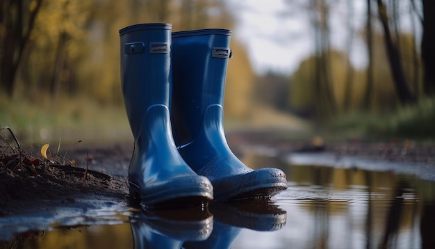 Gumowe buty chronią stopy podczas deszczowej pogody generowanej przez sztuczną inteligencję