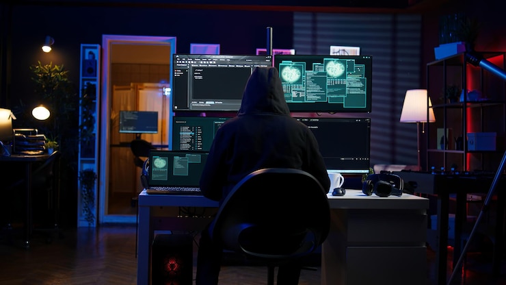 Bezpłatny plik Zdjęcie hacker przybywa do tajnej bazy z laptopem gotowym do rozpoczęcia programowania wirusów.