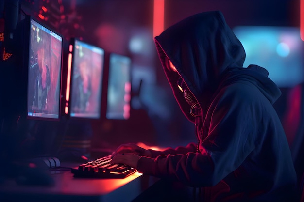 Bezpłatne zdjęcie hacker w kapturze kradnie informacje z monitora komputera koncepcja cyberprzestępczości