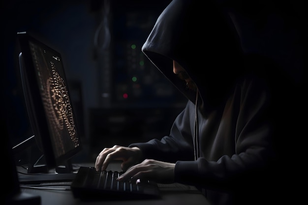 Bezpłatne zdjęcie haker z kapturem kradnący dane z komputera w nocy koncepcja cyberprzestępczości
