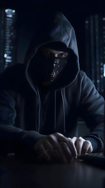 Haker z kapturem kradnie dane z komputera Ciemne tło