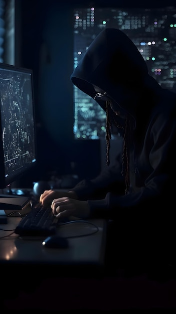 Bezpłatne zdjęcie haker z kapturem używający komputera w ciemnym pokoju koncepcja bezpieczeństwa komputerowego