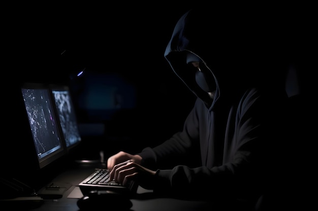 Haker Z Kapturem Używający Komputera W Ciemnym Pokoju Koncepcja Bezpieczeństwa Komputerowego