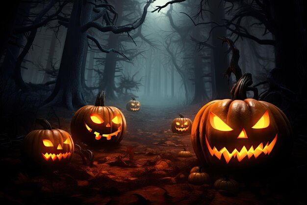 Halloweenowe tło z przerażającymi dyniami, świecami i nietoperzami w ciemnym lesie w nocy